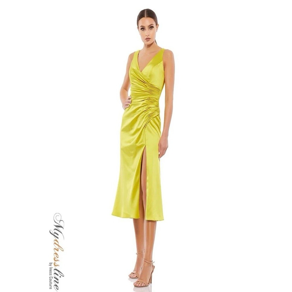 Mac Duggal 26625 Satin Ruched V-Neck Faux Wrap Midi Dress Green Size 2 NWT